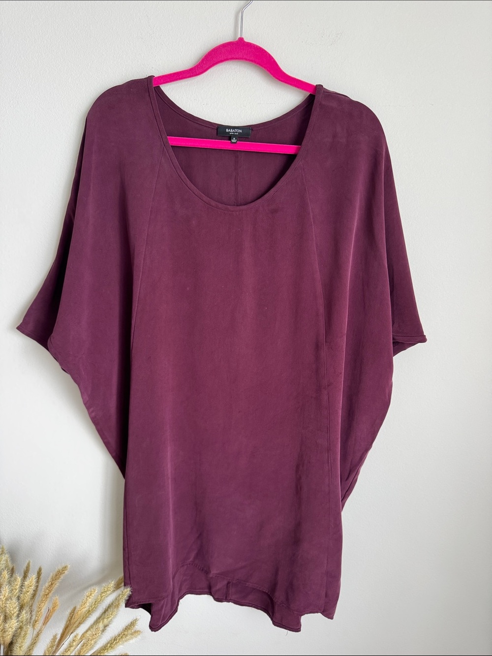 Babaton 100% Silk Oversized Dolman Tunic Top Plum Purple Size M